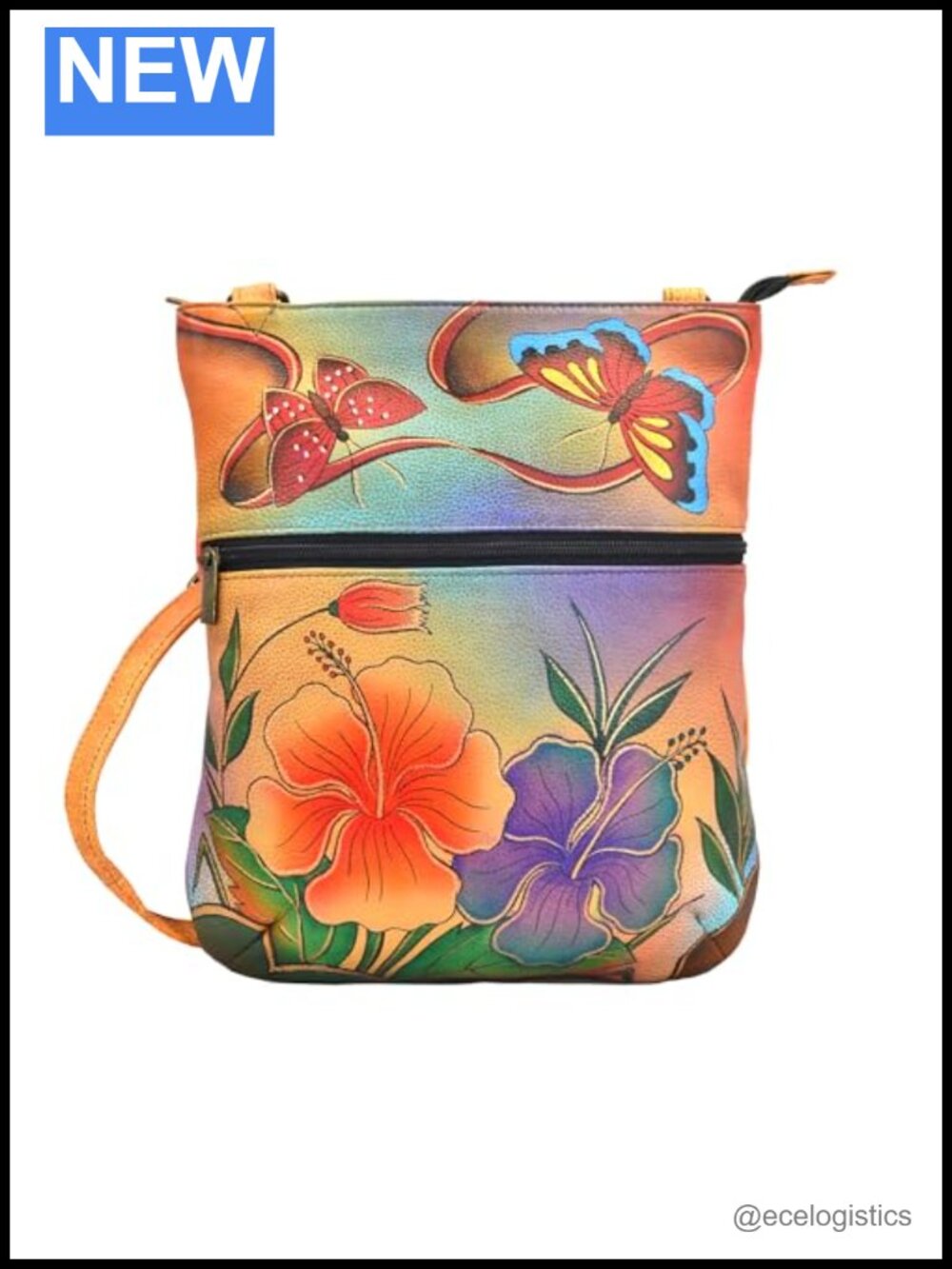 Genuine Leather Hand-Painted Slim Crossbody Bag Adjustable Strap